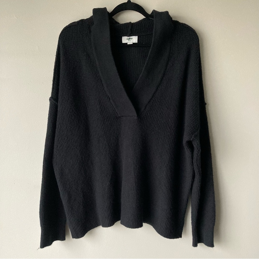 Aerie Women’s Comfy Waffle Knit Black Hooded Sweater V-Neck Medium - Picture 1 of 10